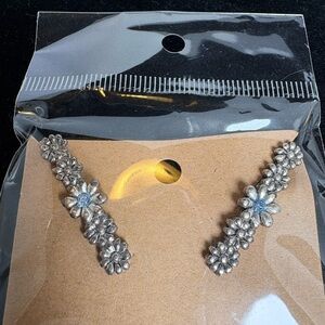 Floral Silver Tone Barrettes with Blue Rhinestone Accent